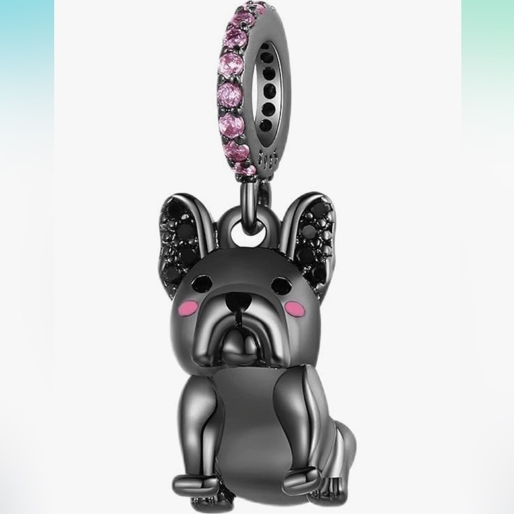 Frenchie Pandora style Charm with Pink Accents and cz stones sterling 925